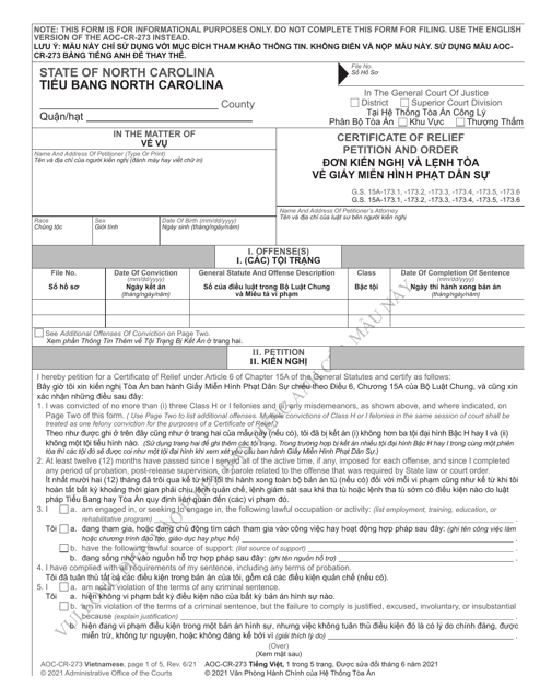 Form AOC-CR-273 Certificate of Relief Petition and Order - North Carolina (English/Vietnamese)