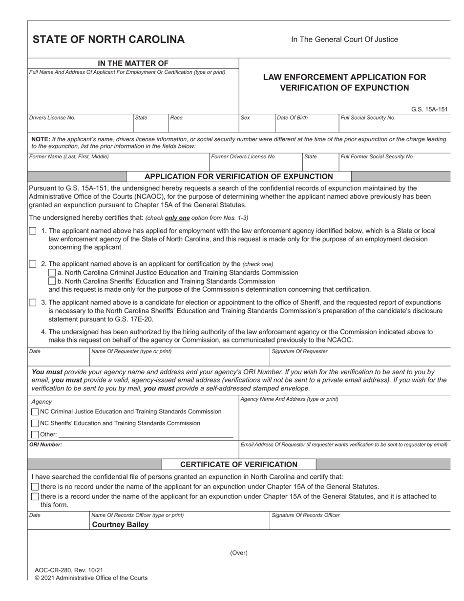 Form AOC-CR-280 Law Enforcement Application for Verification of Expunction - North Carolina, Page 1
