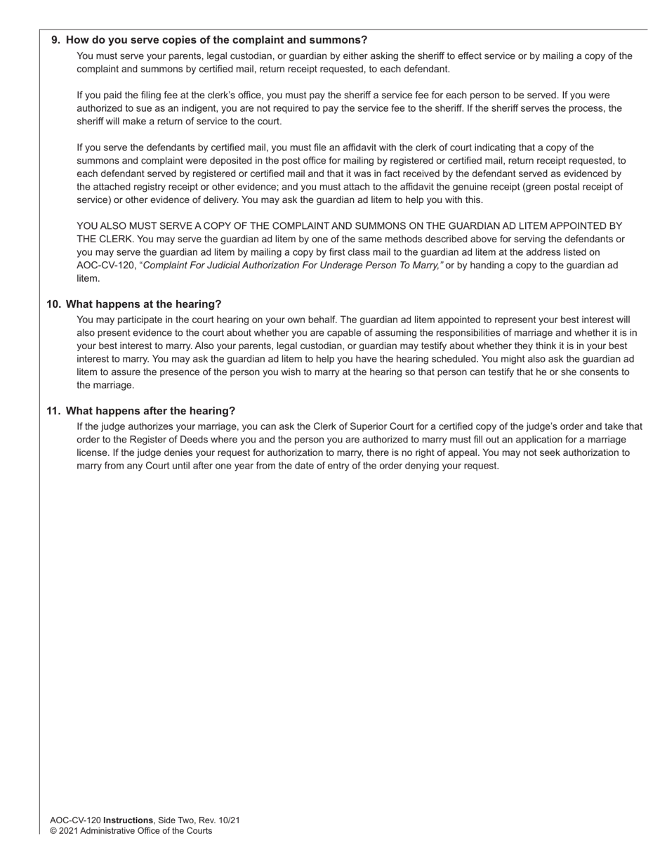 Instructions for Form AOC-CV-120 Complaint for Judicial Authorization for Underage Person to Marry - North Carolina, Page 2