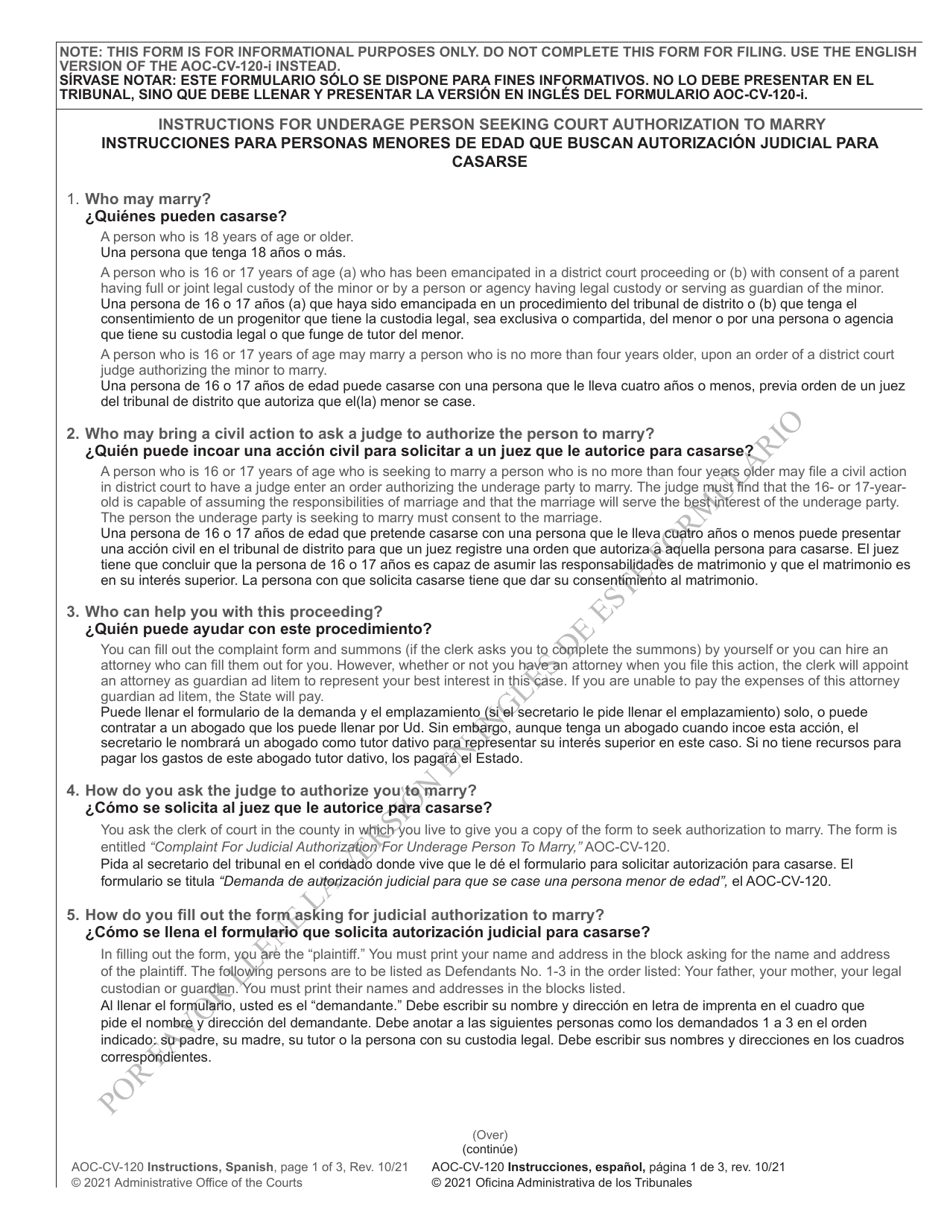 Instructions for Form AOC-CV-120 Complaint for Judicial Authorization for Underage Person to Marry - North Carolina (English/Spanish), Page 1