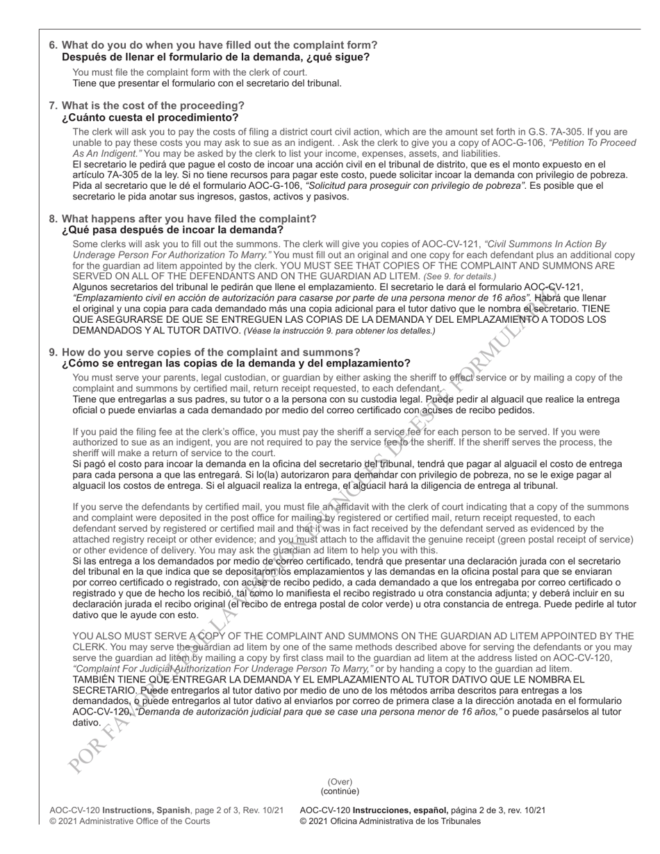Instructions for Form AOC-CV-120 Complaint for Judicial Authorization for Underage Person to Marry - North Carolina (English / Spanish), Page 2