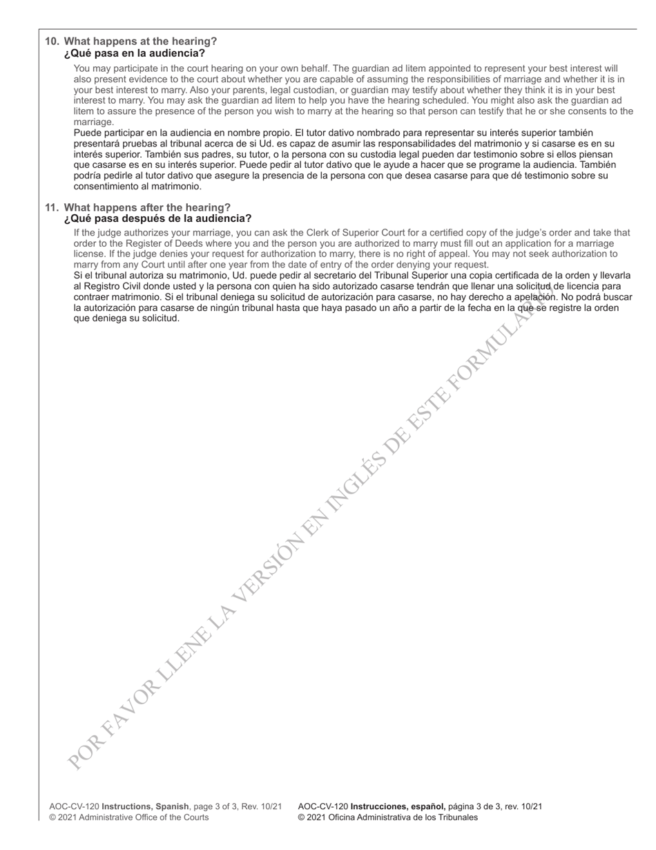 Instructions for Form AOC-CV-120 Complaint for Judicial Authorization for Underage Person to Marry - North Carolina (English / Spanish), Page 3