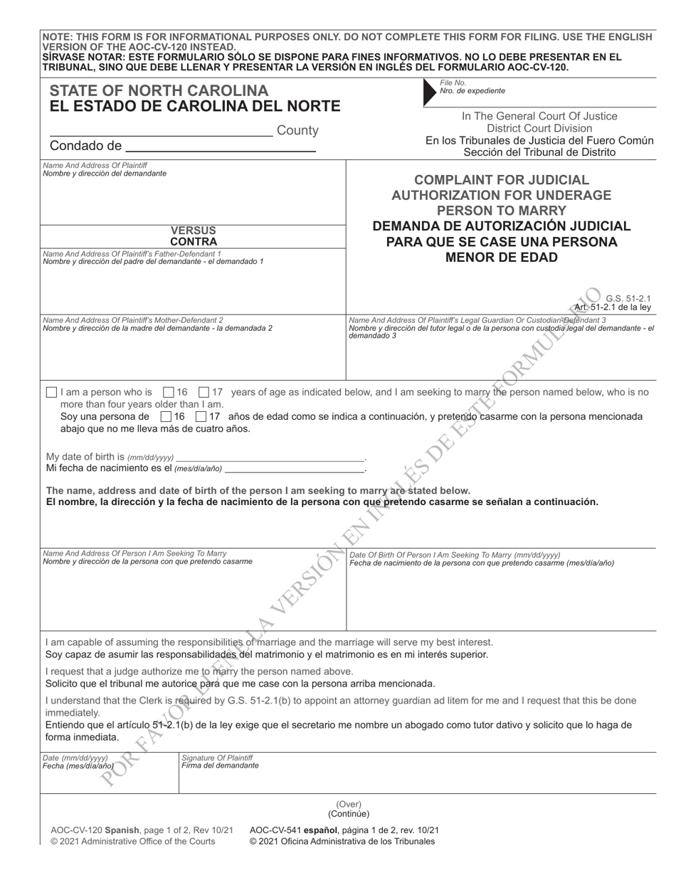 Form AOC-CV-120 Complaint for Judicial Authorization for Underage Person to Marry - North Carolina (English/Spanish), Page 1