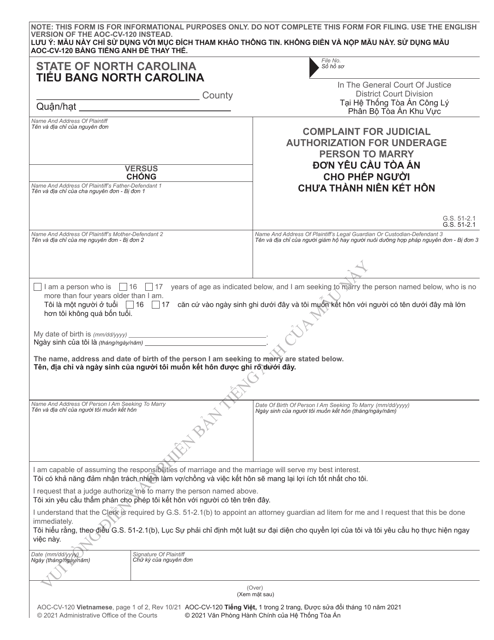 Form AOC-CV-120 Complaint for Judicial Authorization for Underage Person to Marry - North Carolina (English/Vietnamese)
