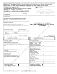 Document preview: Form AOC-CV-226 Civil Affidavit of Indigency - North Carolina (English/Spanish)