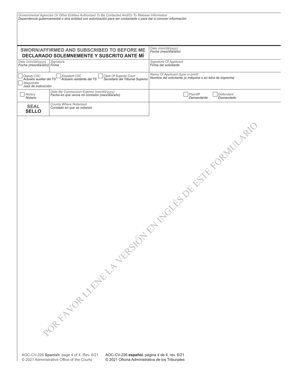 Form AOC-CV-226 Download Printable PDF or Fill Online Civil Affidavit ...