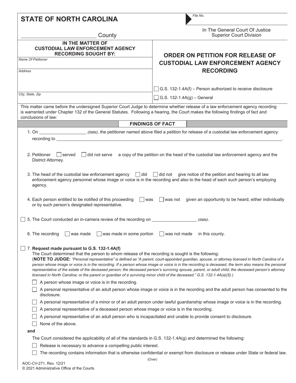 Form AOC-CV-271 Order on Petition for Release of Custodial Law Enforcement Agency Recording - North Carolina, Page 1