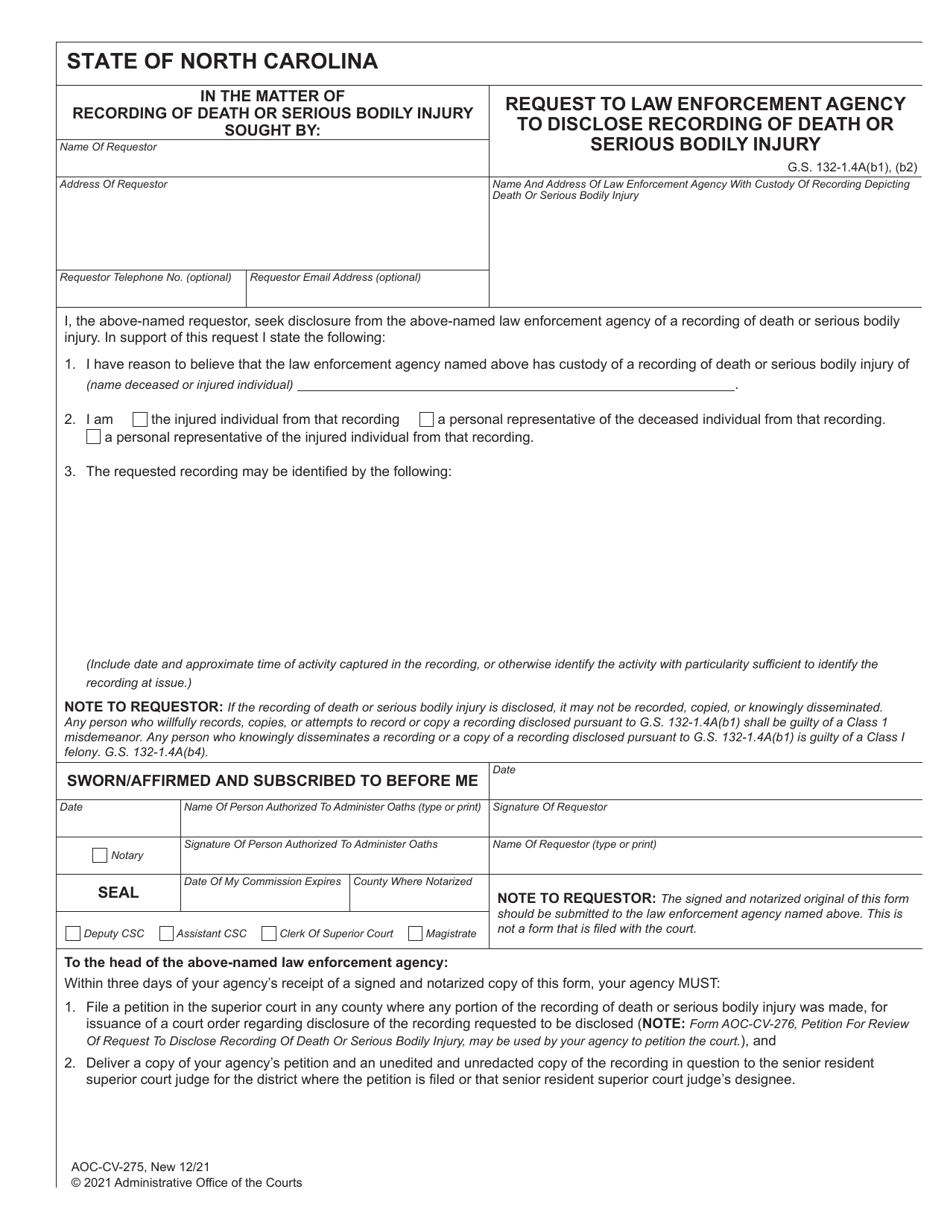 Form AOC-CV-275 Request to Law Enforcement Agency to Disclose Recording of Death or Serious Bodily Injury - North Carolina, Page 1