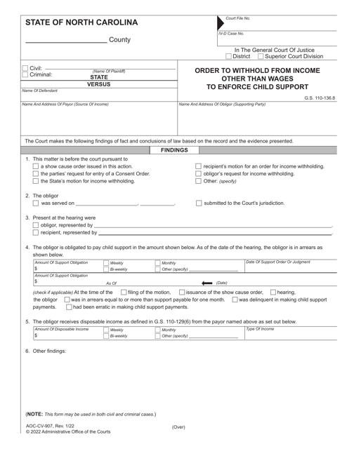Form AOC-CV-907 Order to Withhold From Income Other Than Wages to Enforce Child Support - North Carolina