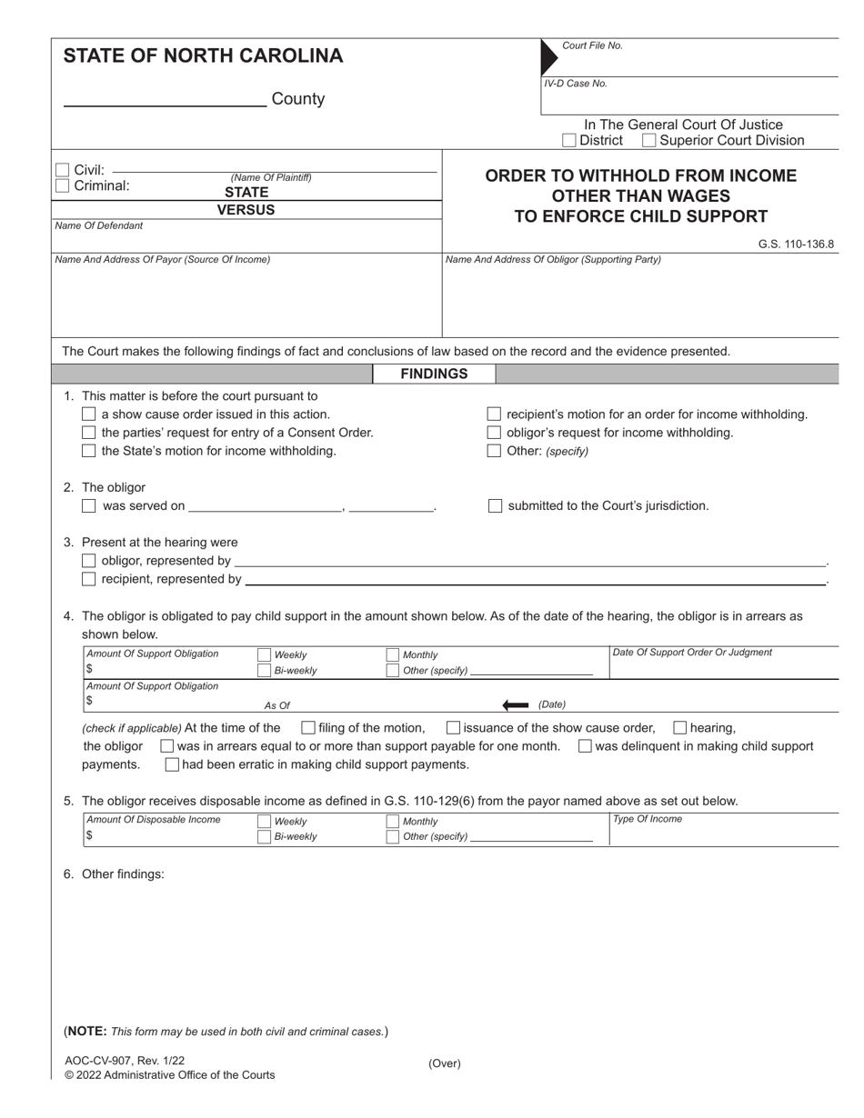Form AOC-CV-907 Order to Withhold From Income Other Than Wages to Enforce Child Support - North Carolina, Page 1