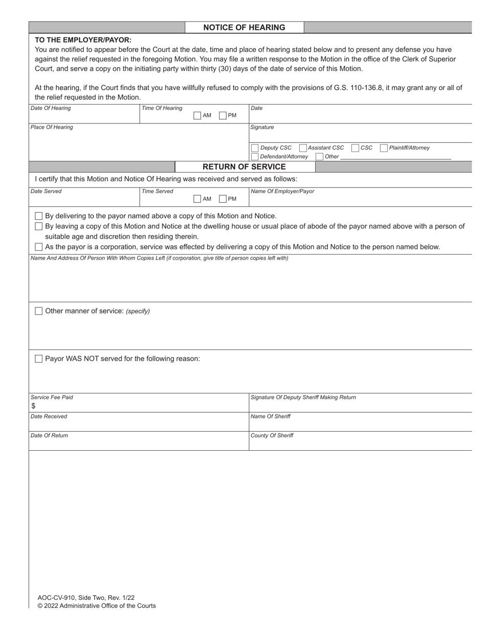 Form AOC-CV-910 Motion to Join Payor as Party to Enforce Withholding From Income Other Than Wages and Notice of Hearing - North Carolina, Page 2