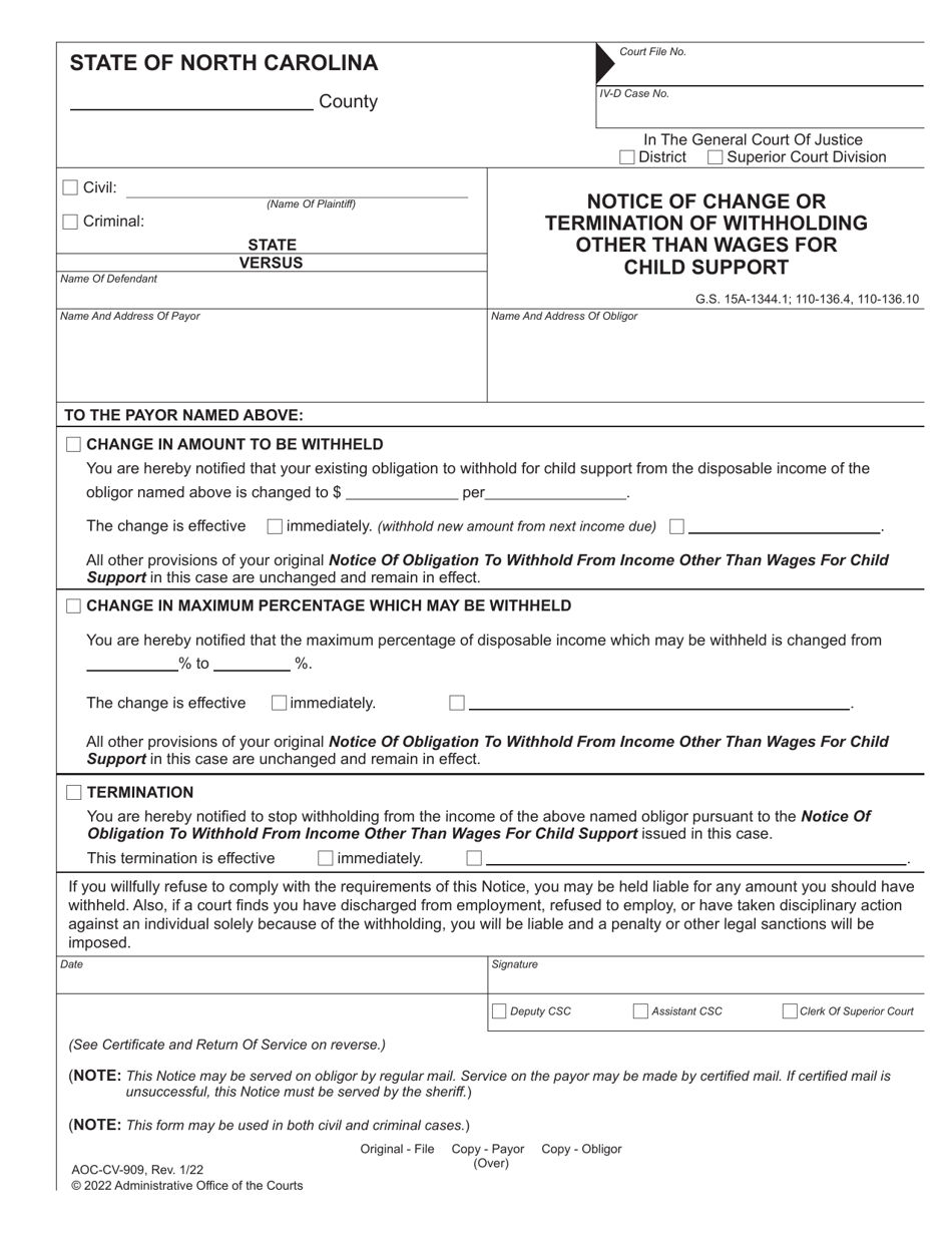 Form AOC-CV-909 Notice of Change or Termination of Withholding Other Than Wages for Child Support - North Carolina, Page 1