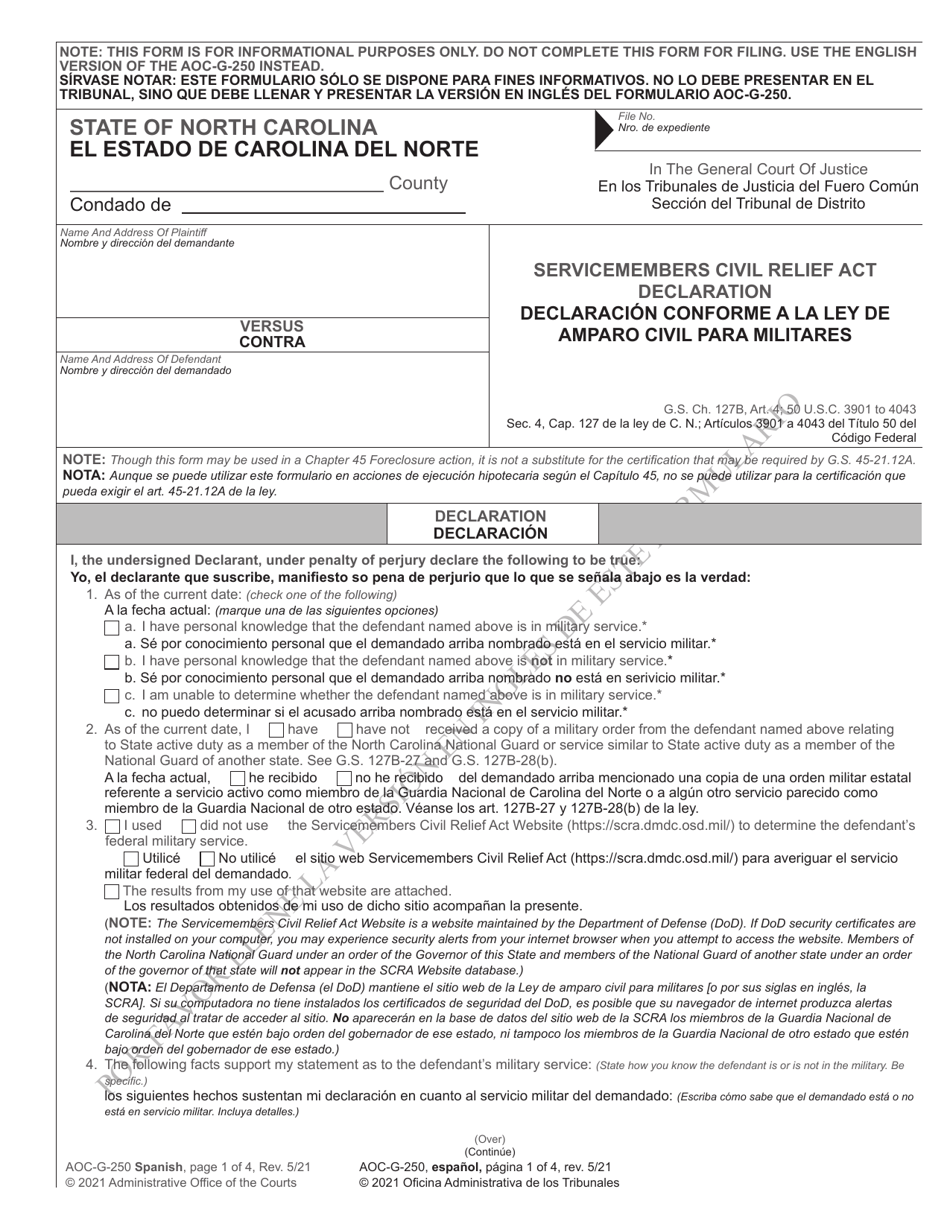 Form AOC-G-250 Servicemembers Civil Relief Act Declaration - North Carolina (English / Spanish), Page 1