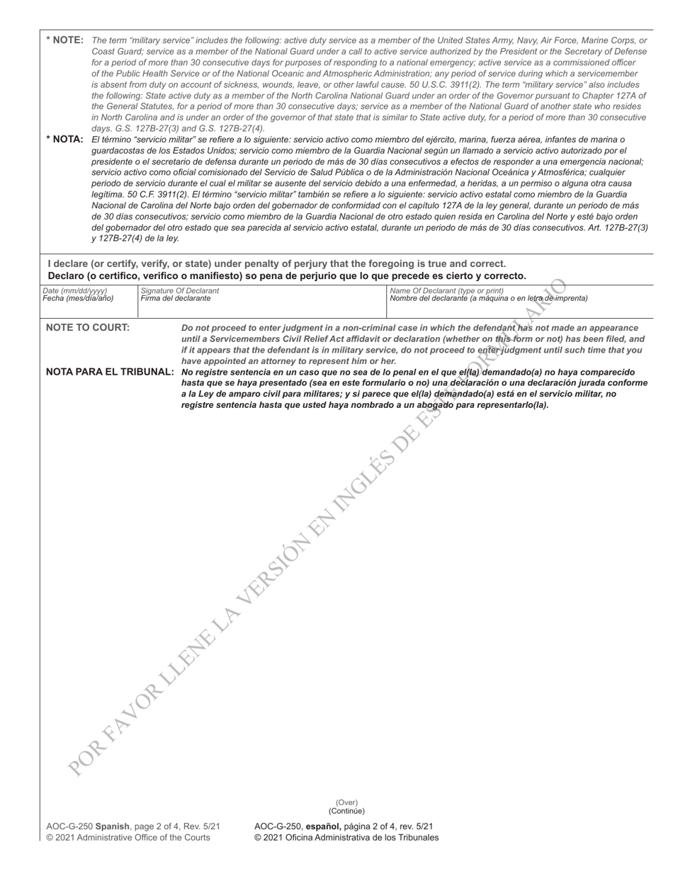 Form AOC-G-250 Servicemembers Civil Relief Act Declaration - North Carolina (English / Spanish), Page 2
