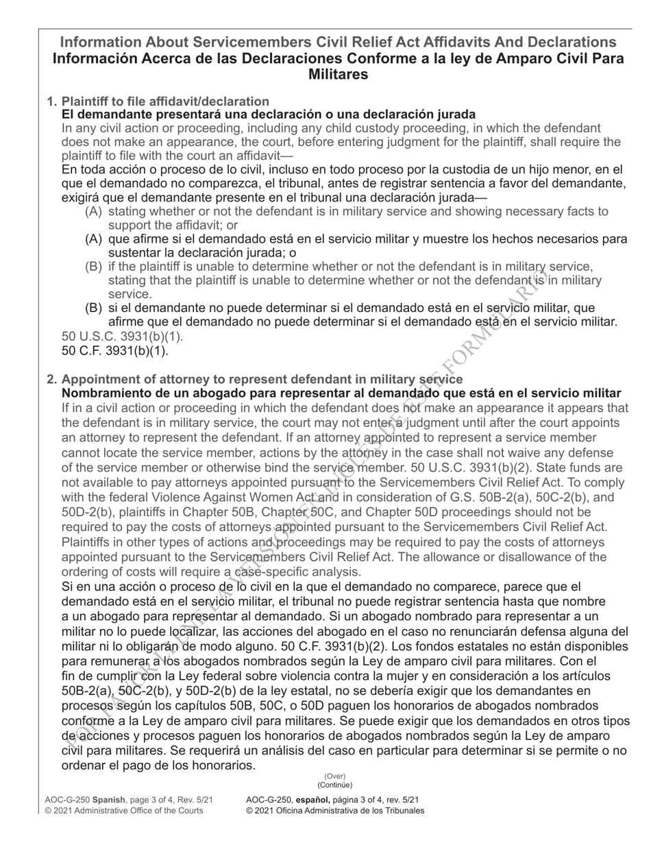 Form AOC-G-250 Servicemembers Civil Relief Act Declaration - North Carolina (English / Spanish), Page 3