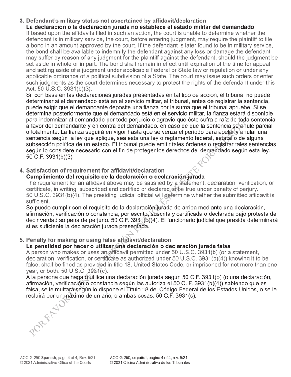 Form AOC-G-250 Servicemembers Civil Relief Act Declaration - North Carolina (English / Spanish), Page 4