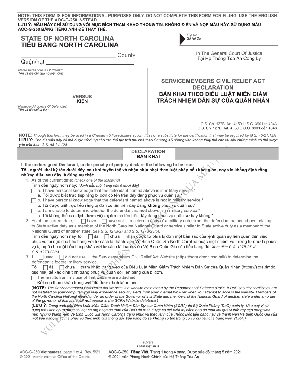 Form AOC-G-250 Servicemembers Civil Relief Act Declaration - North Carolina (English / Vietnamese), Page 1