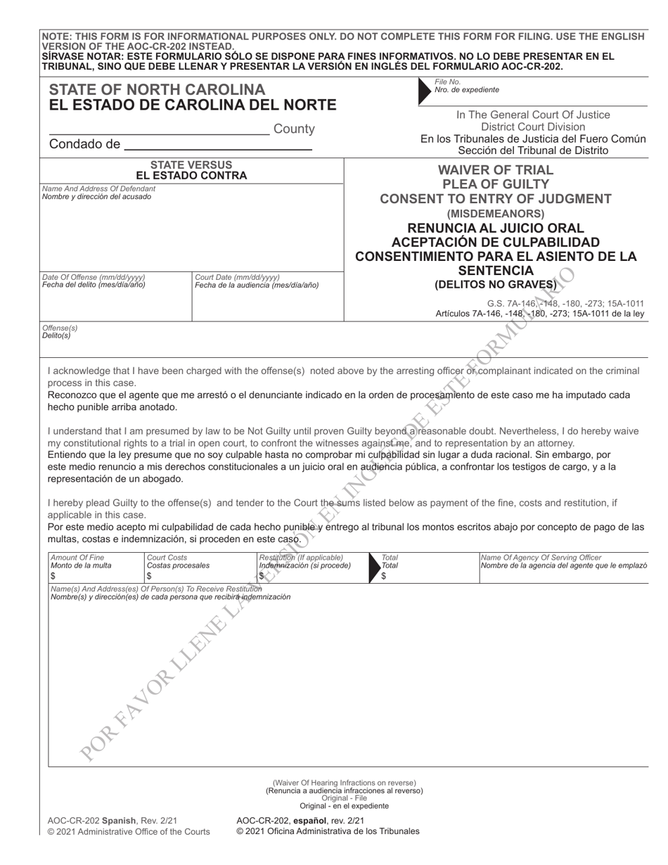Form AOC-CR-202 Waiver of Trial Plea of Guilty Consent to Entry of Judgment (Misdemeanors) - North Carolina (English / Spanish), Page 1