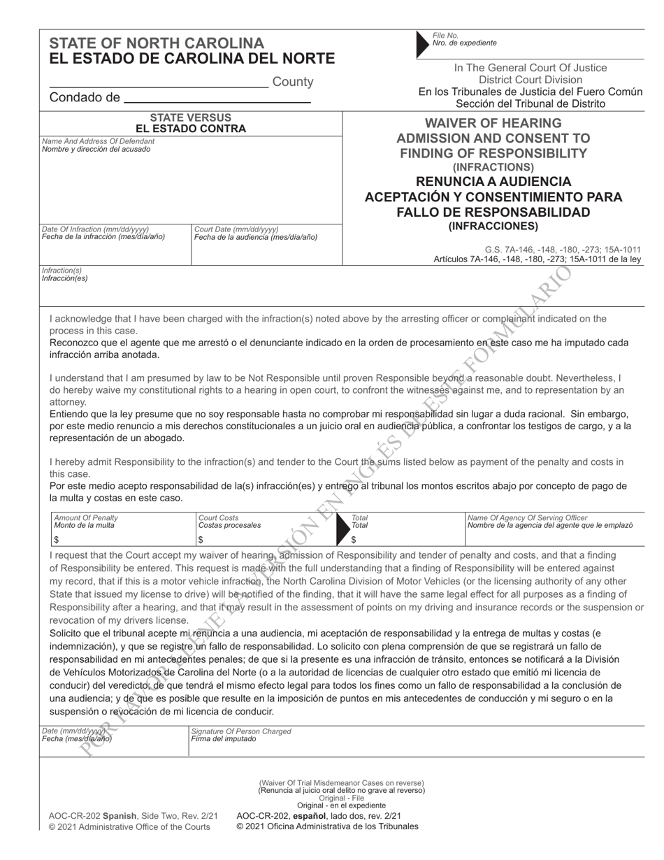 Form AOC-CR-202 Waiver of Trial Plea of Guilty Consent to Entry of Judgment (Misdemeanors) - North Carolina (English / Spanish), Page 3