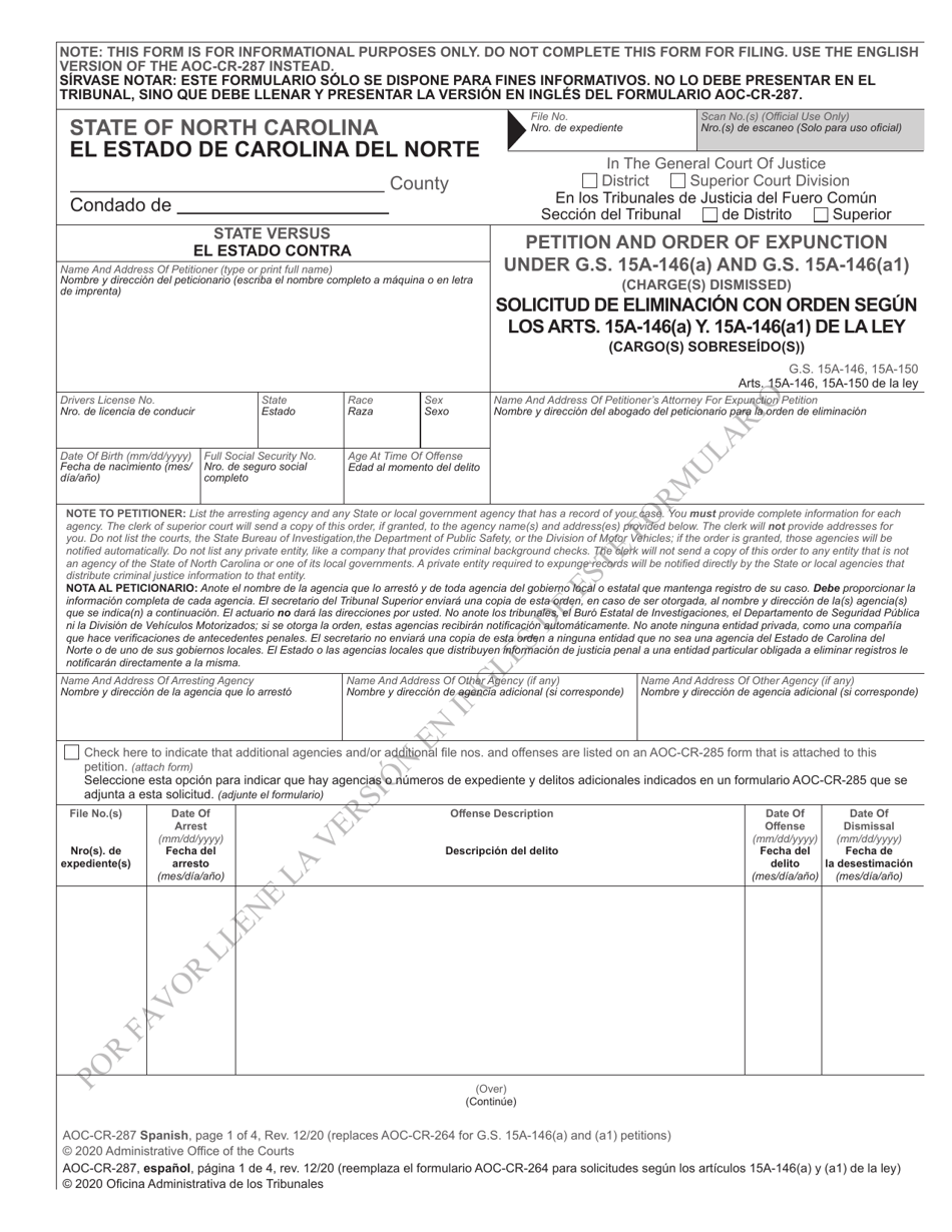 Form AOC-CR-287 Petition and Order of Expunction Under G.s. 15a-146(A) and G.s. 15a-146(A1) (Charge(S) Dismissed) - North Carolina (English/Spanish), Page 1