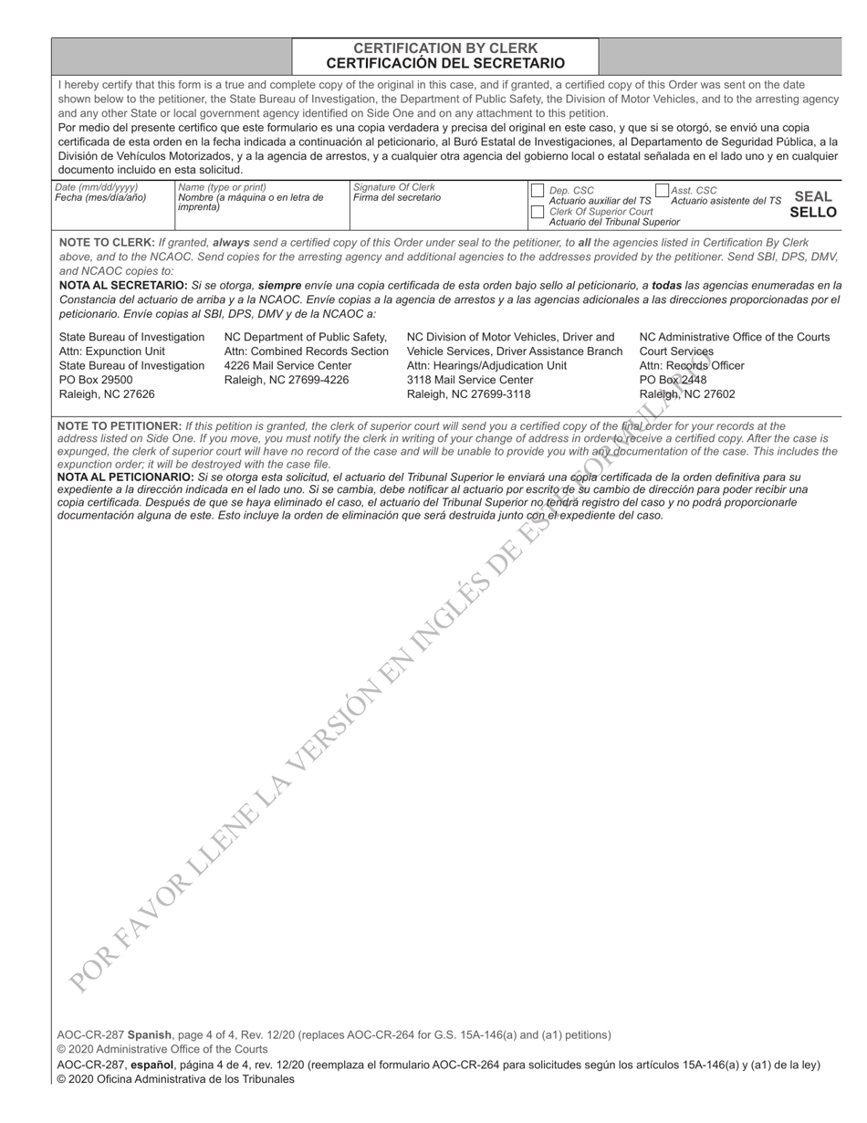 Form AOC-CR-287 Petition and Order of Expunction Under G.s. 15a-146(A) and G.s. 15a-146(A1) (Charge(S) Dismissed) - North Carolina (English / Spanish), Page 4
