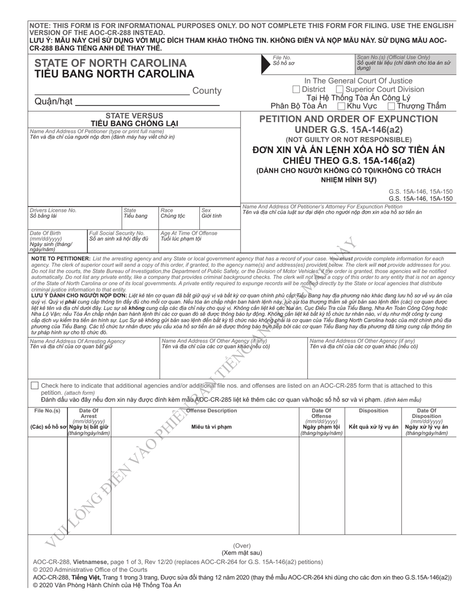 Form AOC-CR-288 Petition and Order of Expunction Under G.s. 15a-146(A2) (Not Guilty or Not Responsible) - North Carolina (English / Vietnamese), Page 1