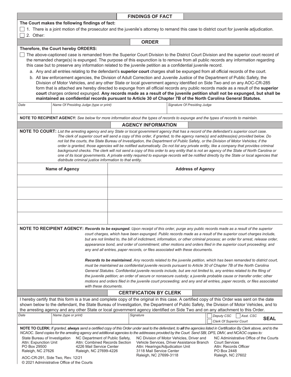 Form AOC-CR-291 Motion and Order to Remand Case From Superior Court to District Court and Order of Expunction Under G.s. 15a-145.8(A) (Charges Remanded to District Court for Juvenile Adjudication) - North Carolina, Page 2
