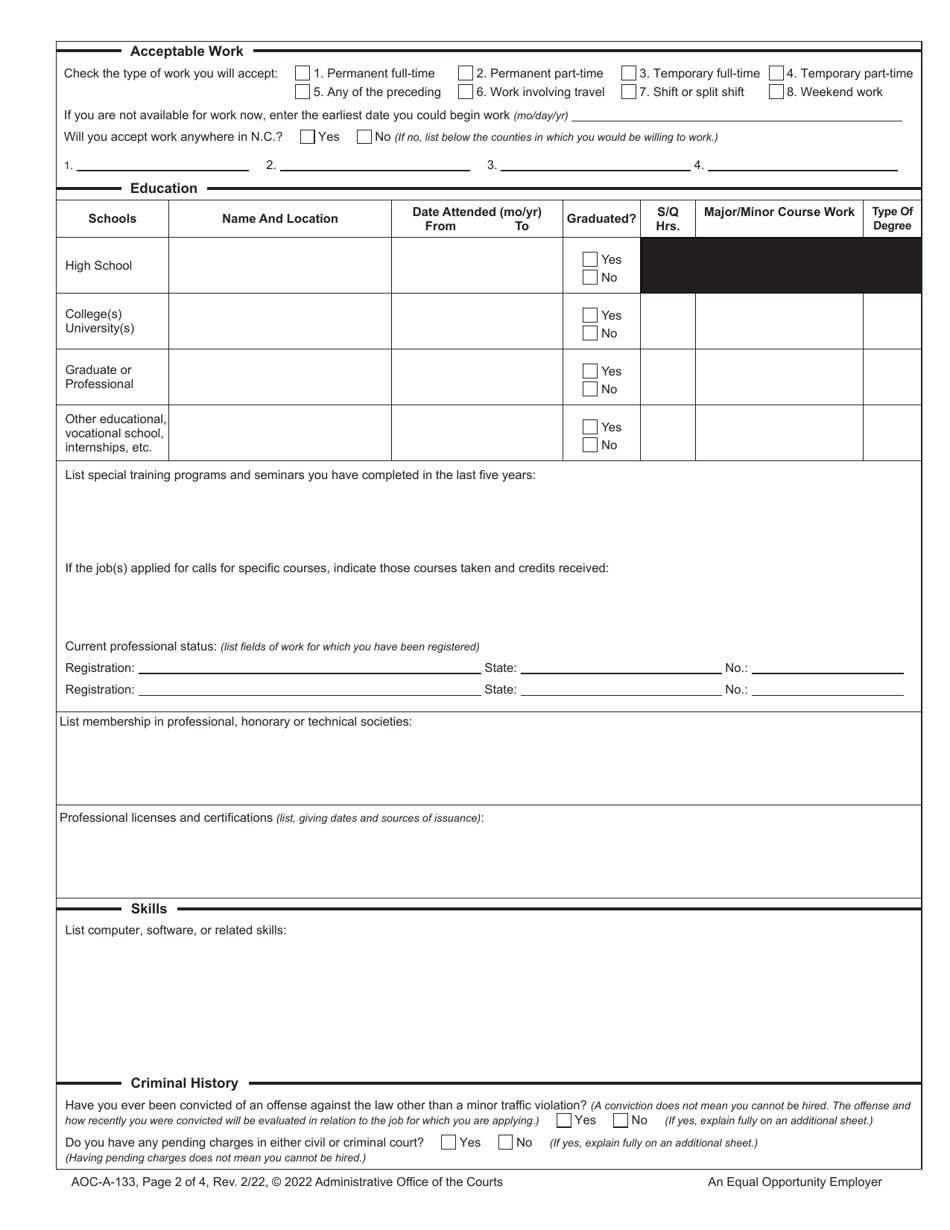 Form AOC-A-133 Application for Employment - North Carolina, Page 2