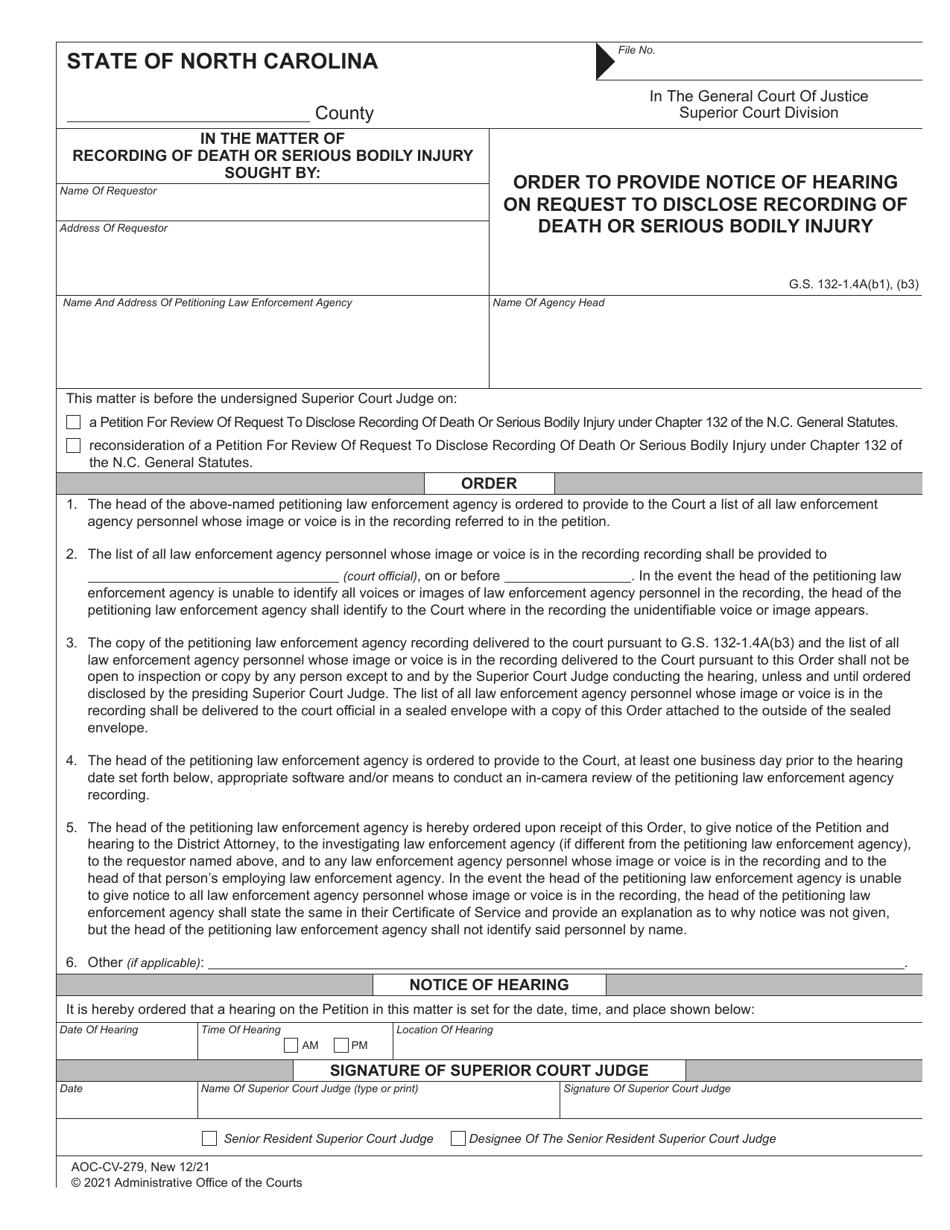 Form AOC-CV-279 Order to Provide Notice of Hearing on Request to Disclose Recording of Death or Serious Bodily Injury - North Carolina, Page 1