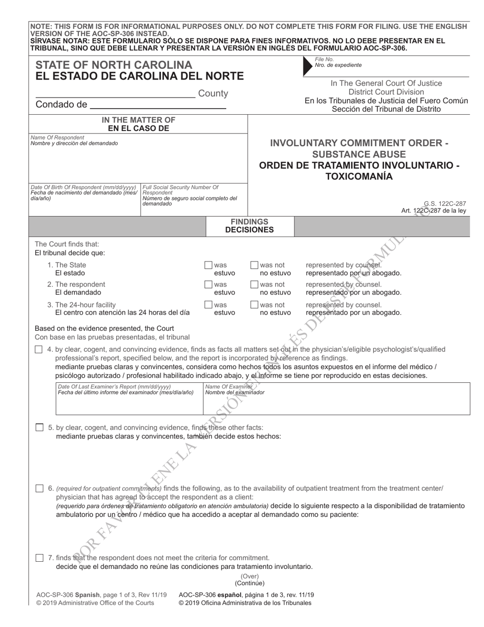 Form AOC-SP-306 Involuntary Commitment Order - Substance Abuse - North Carolina (English / Spanish), Page 1