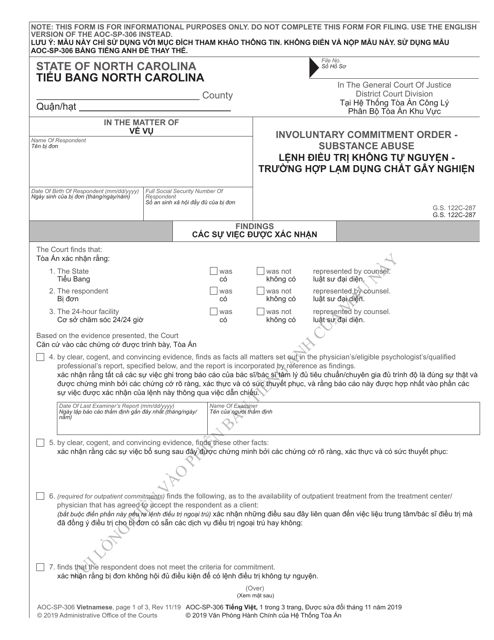 Form AOC-SP-306 Involuntary Commitment Order - Substance Abuse - North Carolina (English/Vietnamese)