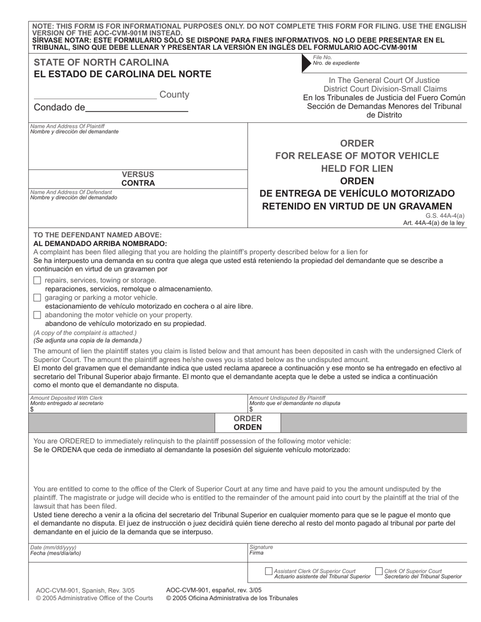 Form AOC-CVM-901M Order for Release of Motor Vehicle Held for Lien - North Carolina (English/Spanish), Page 1