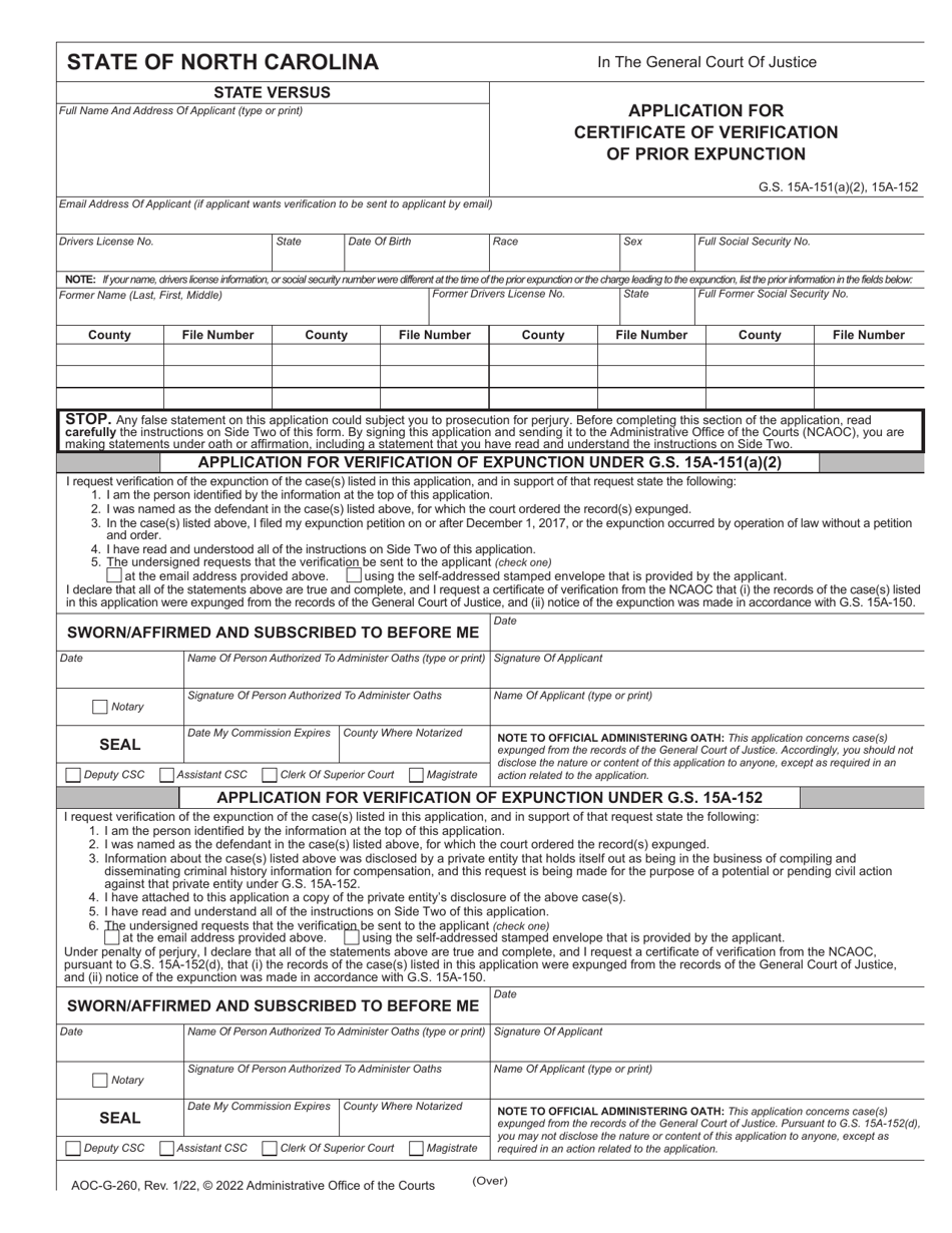 Form AOC-G-260 Application for Certificate of Verification of Prior Expunction - North Carolina, Page 1