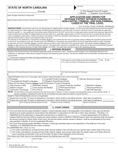 Form AOC-G-309 Application and Order for Defense Expert Witness Funding in Non-capital Criminal and Non-criminal Cases at the Trial Level - North Carolina