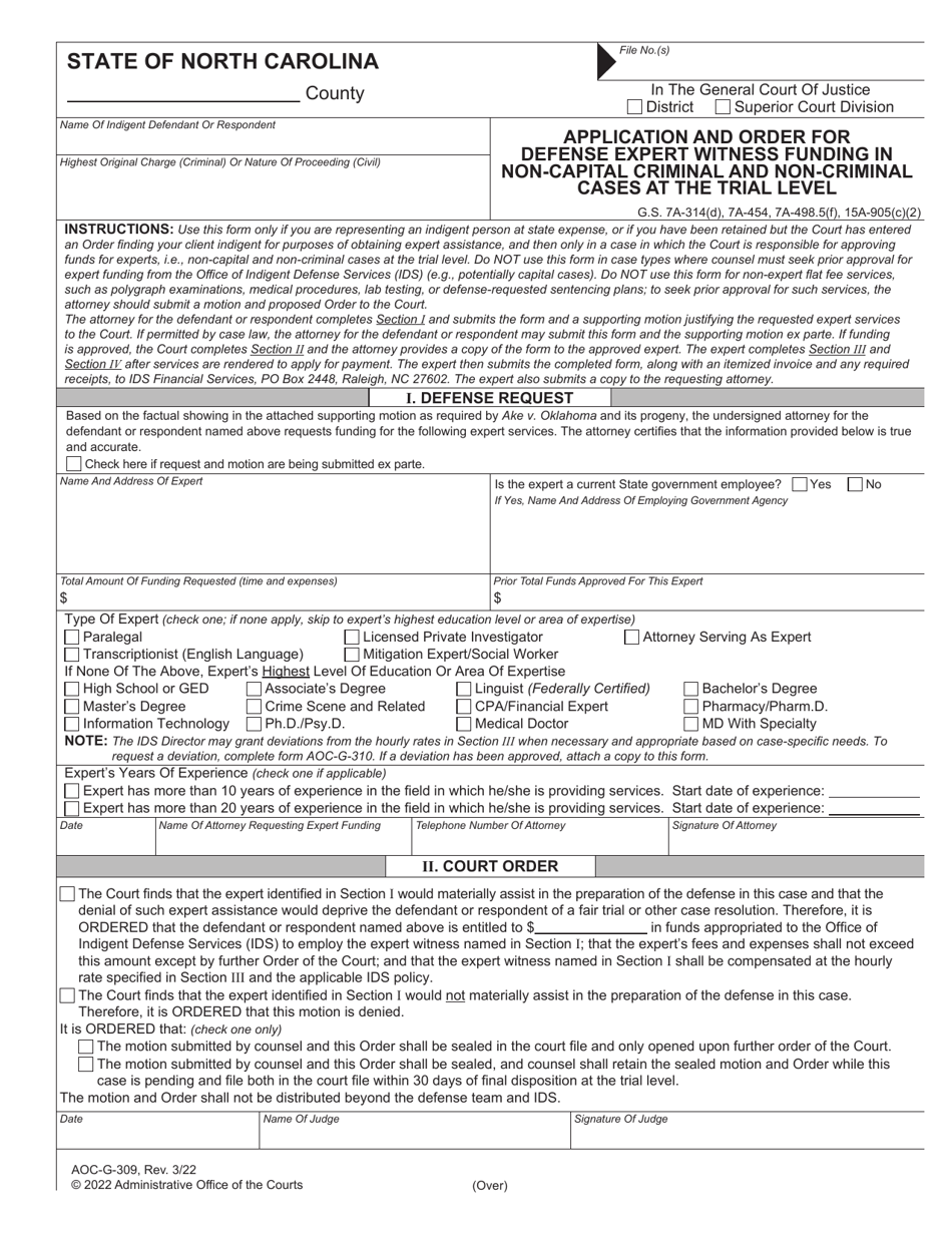 Form AOC-G-309 Application and Order for Defense Expert Witness Funding in Non-capital Criminal and Non-criminal Cases at the Trial Level - North Carolina, Page 1
