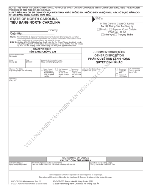 Form AOC-CR-305 Judgment/Order or Other Disposition - North Carolina (English/Vietnamese)