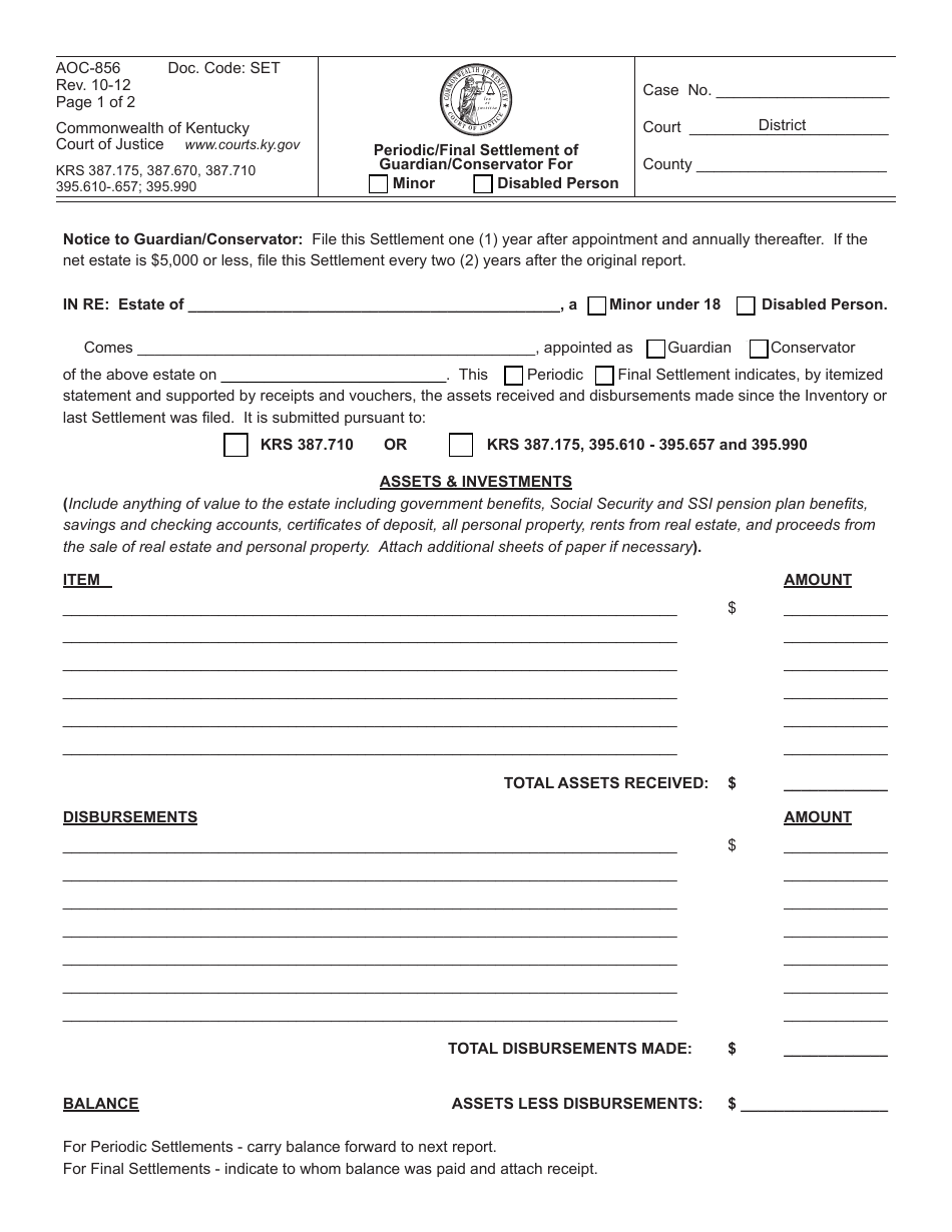 Form AOC-856 Periodic / Final Settlement of Guardian / Conservator - Kentucky, Page 1