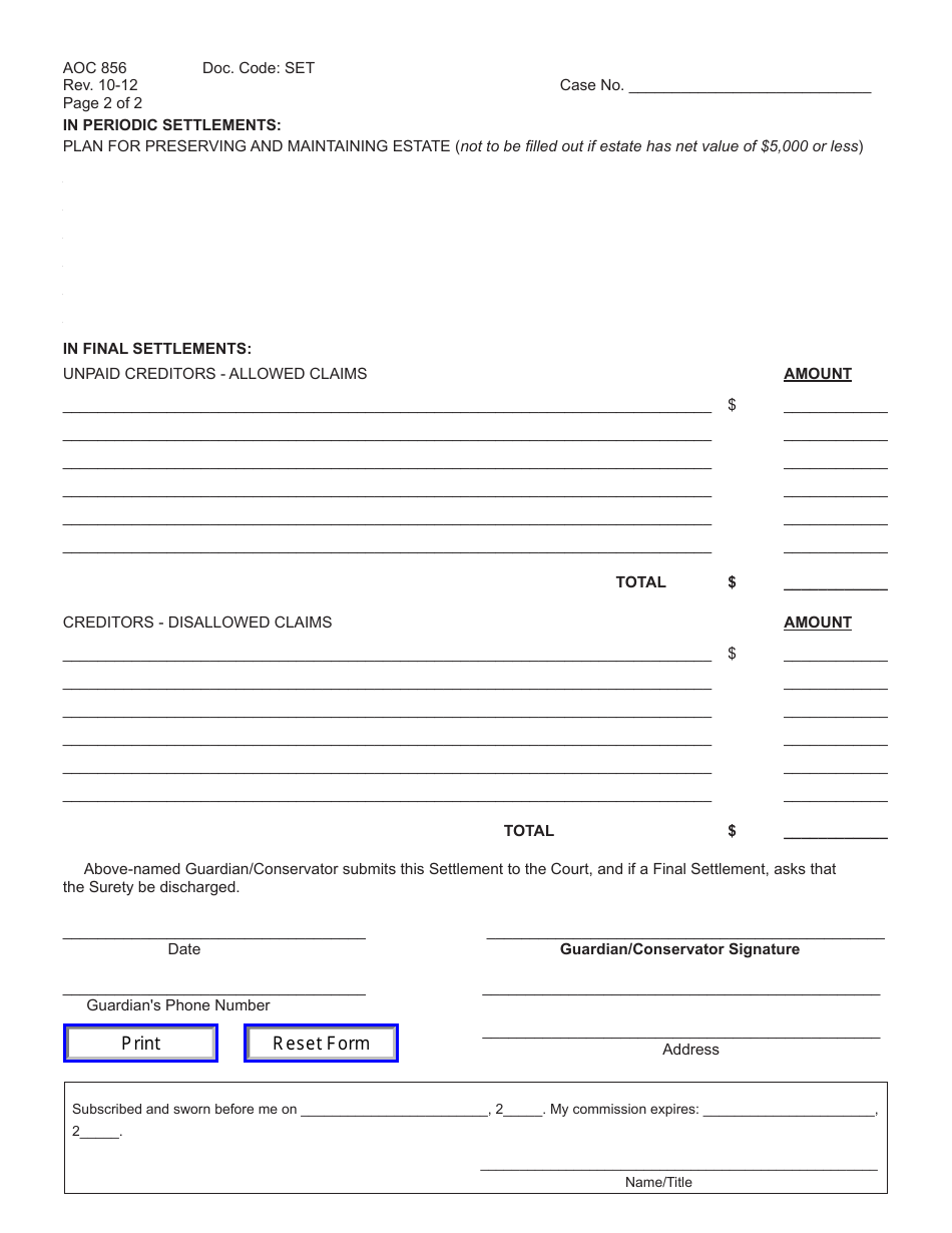 Form AOC-856 Periodic / Final Settlement of Guardian / Conservator - Kentucky, Page 2
