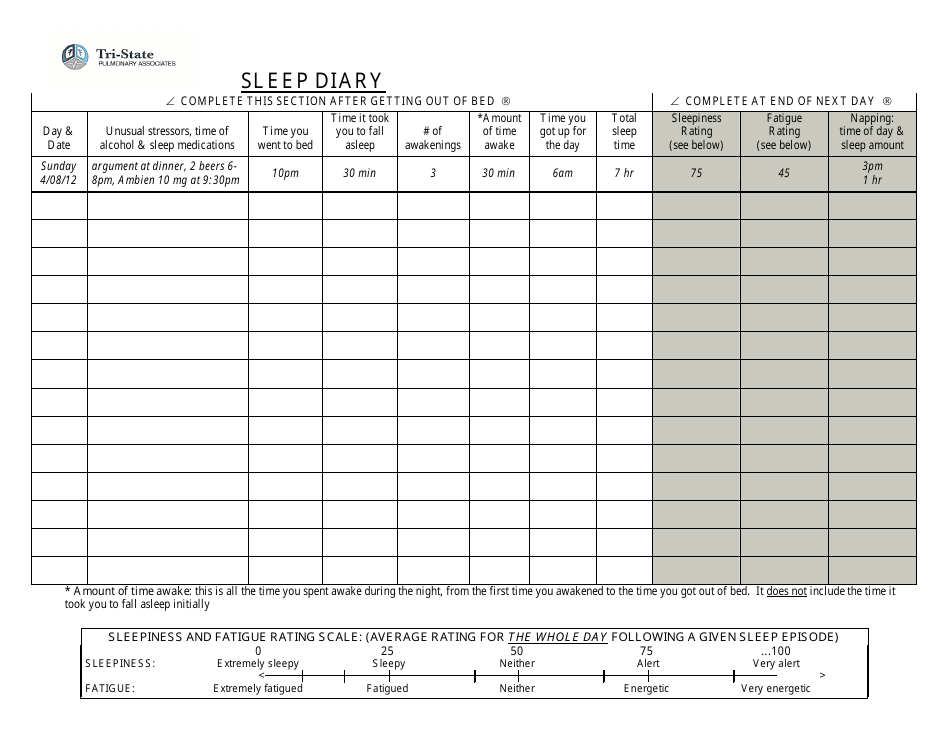 Sleep Diary Form - Tri-State, Page 1
