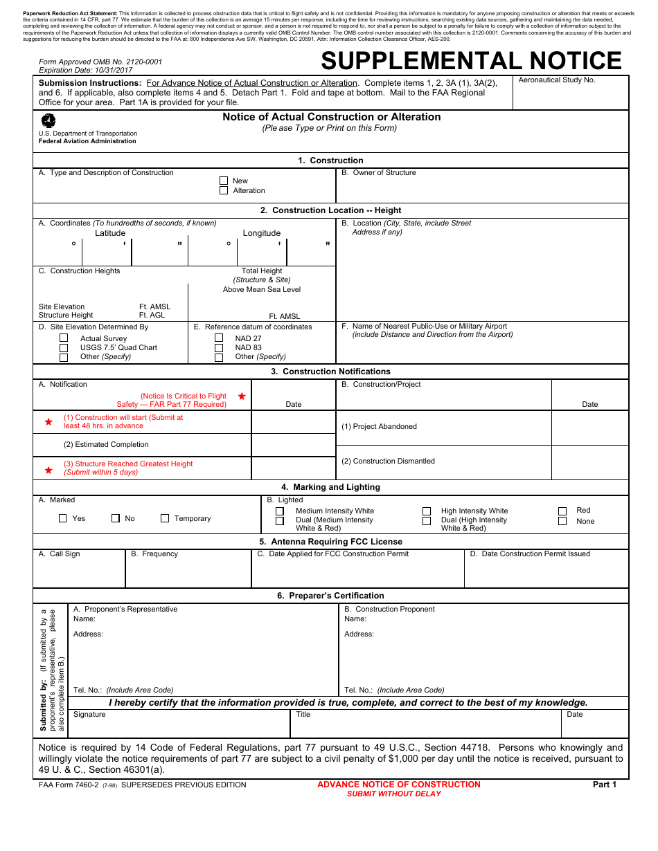 FAA Form 7460-2 Supplemental Notice, Page 1