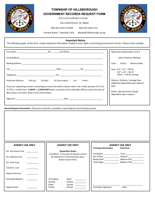 Government Records Request Form - Township of Hillsborough, New Jersey Download Pdf