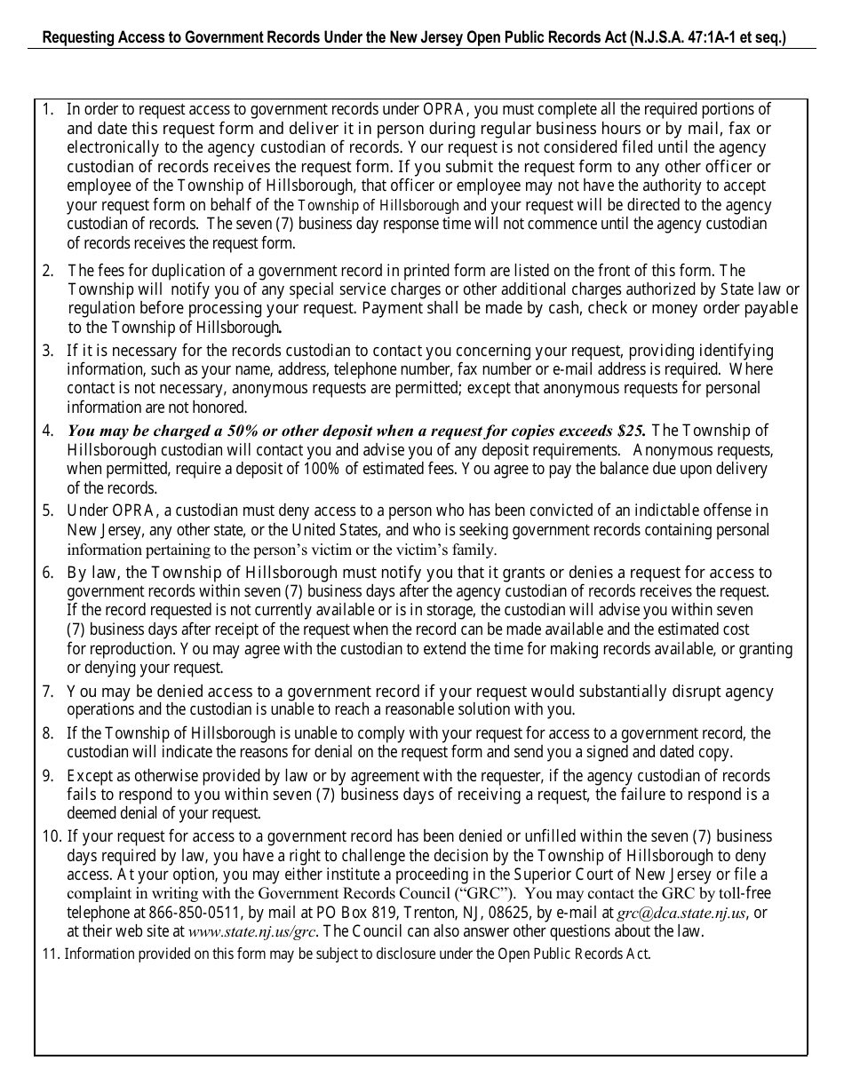 Government Records Request Form - Township of Hillsborough, New Jersey, Page 4