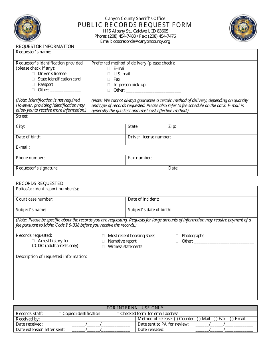 Canyon County Idaho Public Records Request Form Fill Out Sign