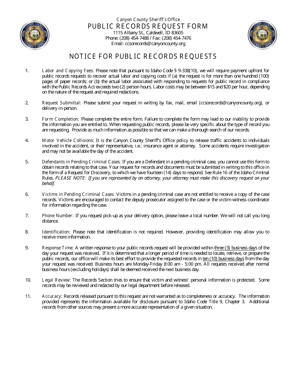 Canyon County Idaho Public Records Request Form Fill Out Sign Online And Download Pdf 1631