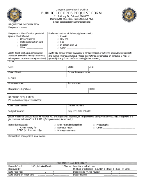 Public Records Request Form - Canyon County, Idaho Download Pdf