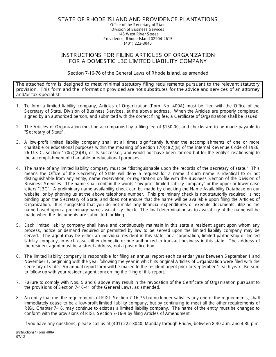 Form 400A Articles of Organization for a Domestic L3c Limited Liability Company - Rhode Island, Page 1