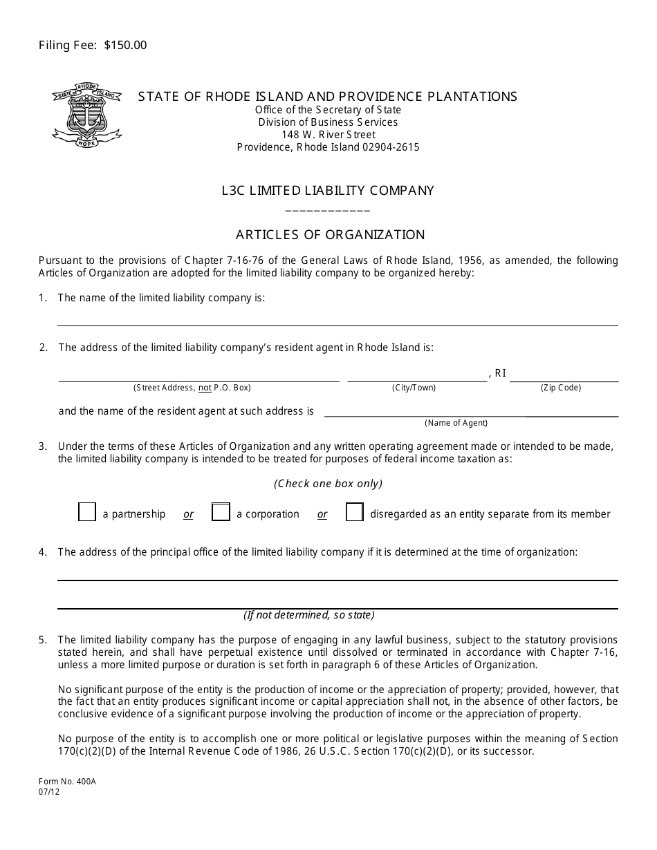 Form 400A Articles of Organization for a Domestic L3c Limited Liability Company - Rhode Island, Page 2