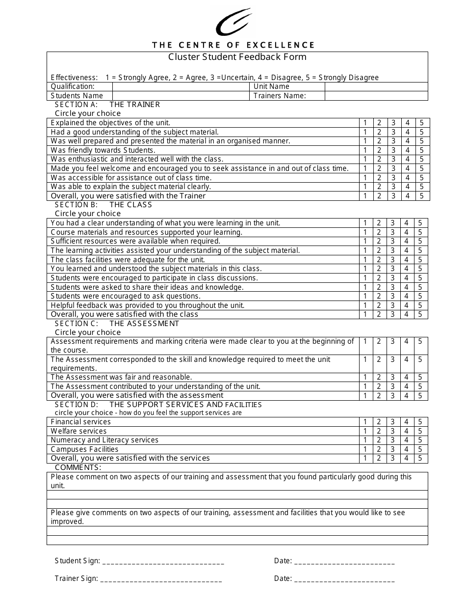 Cluster Student Feedback Form - the Centre of Excellence, Page 1