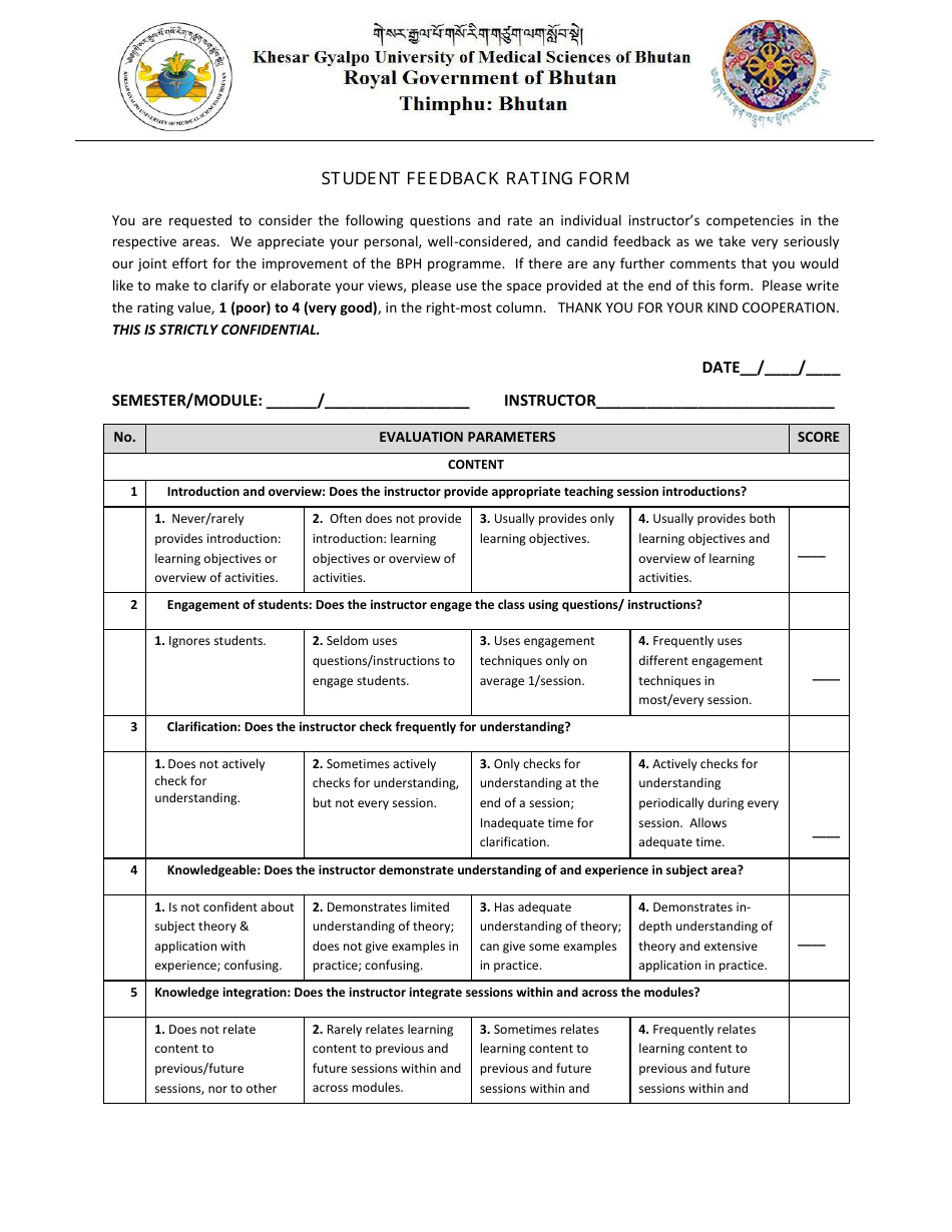 Student Feedback Rating Form - Khesar Gyalpo University of Medical Sciences of Bhutan, Page 1