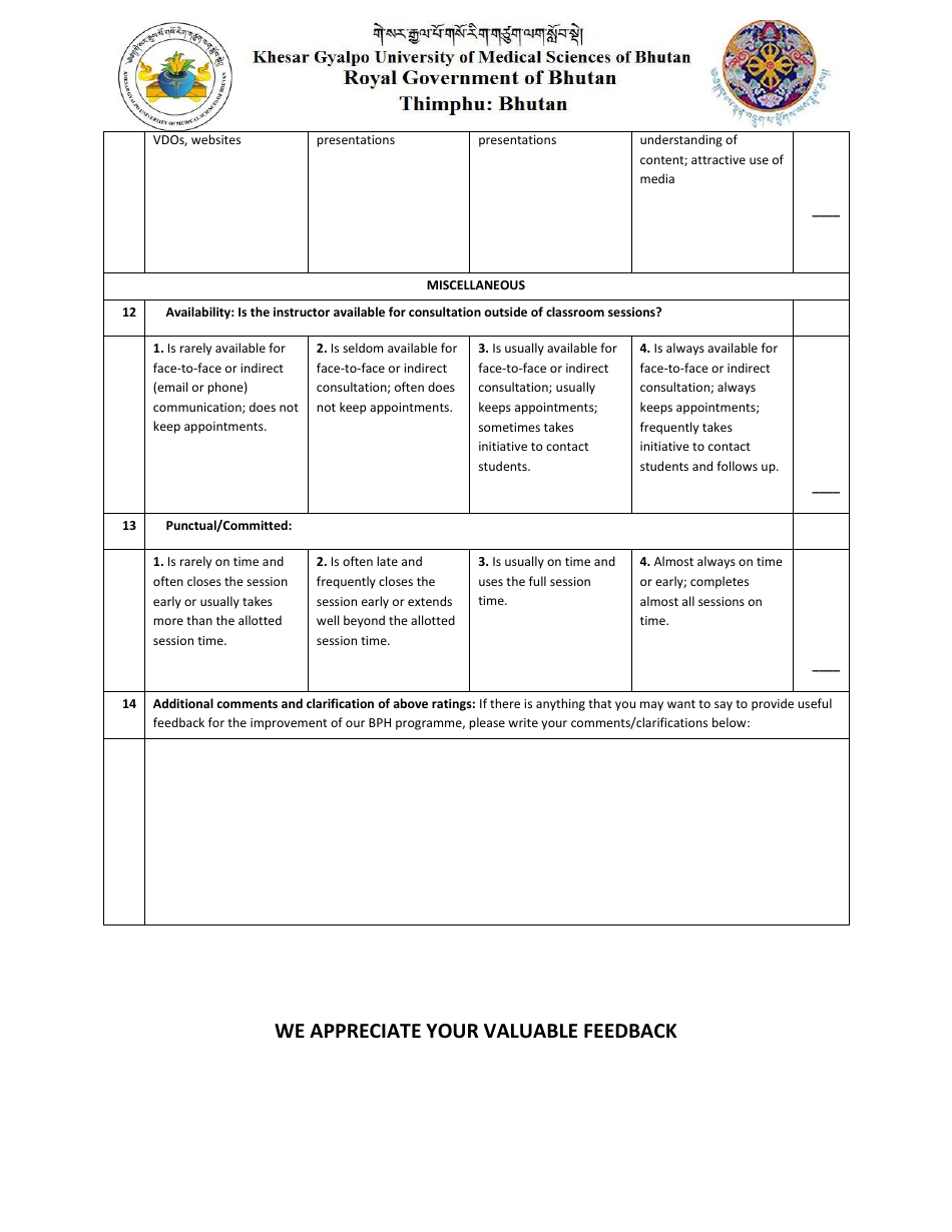 Student Feedback Rating Form - Khesar Gyalpo University of Medical Sciences of Bhutan, Page 3